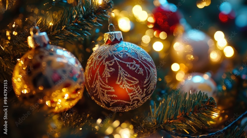 A close-up of Christmas tree ornaments with intricate designs, surrounded by glowing holiday lights and tinsel. A close-up of Christmas tree ornaments with intricate designs, surrounded by glowing holiday lights and tinsel.