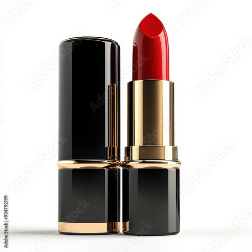 Vibrant red lipstick in a classic black tube, perfect for enhancing beauty and elegance in any makeup collection, white background photo