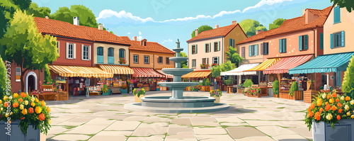 A quaint village square with a fountain and outdoor market stalls. Vector flat minimalistic isolated illustration. photo