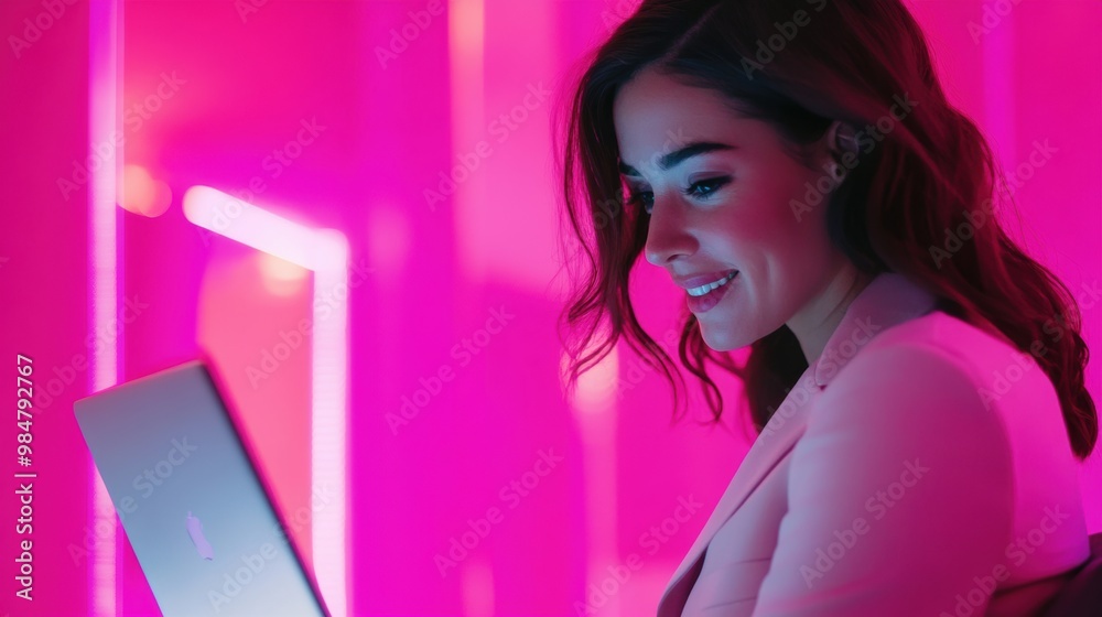 Young woman using laptop in vibrant pink neon-lit room Young woman using laptop in vibrant pink neon-lit room