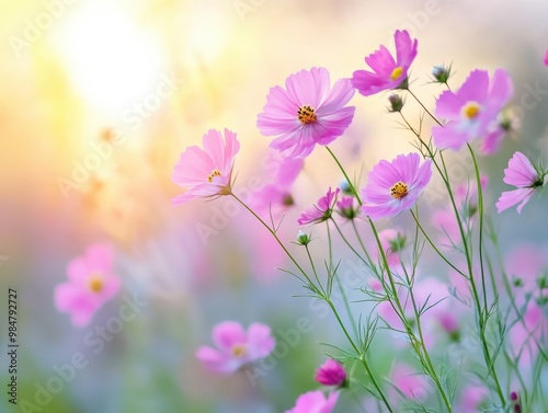 A vibrant display of pink wildflowers swaying in the gentle breeze at sunrise