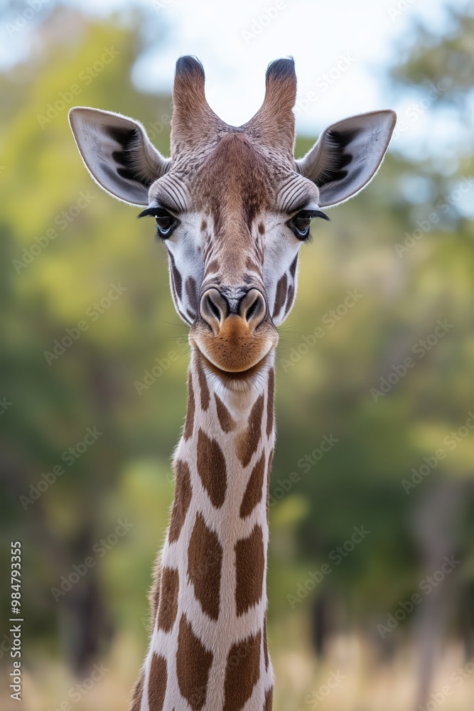 A giraffe stands tall in a natural setting, its long neck and spots visible against a blurred background of trees. A giraffe stands tall in a natural setting, its long neck and spots visible against a blurred background of trees.