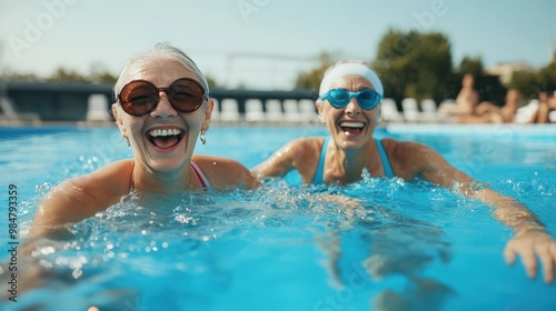 A smiling two woman splash happily in a blue pool on a summer day seniors doing water exercises, Group of elder women at aqua gym session, joyful group of friends having aqua class in swimming