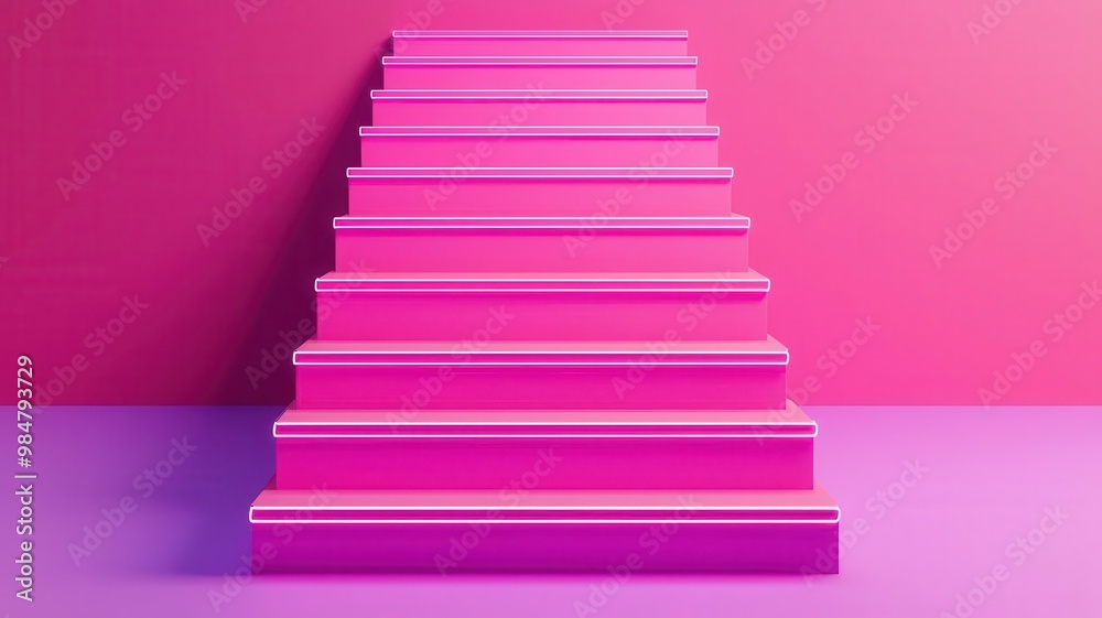 Obraz premium Abstract staircase made of bright neon lines leading upward, representing creative business success, climbing to success, innovation in business