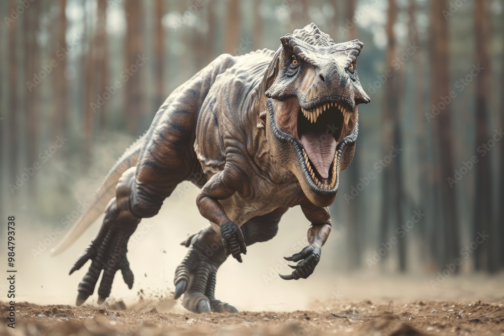 Fototapeta premium Fierce Tyrannosaurus Rex Dinosaur Charging Through the Forest