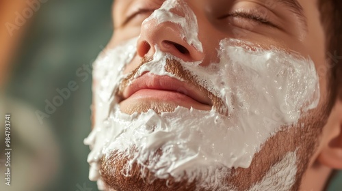 Shaving cream lathered on the face, providing smooth shaving experience photo