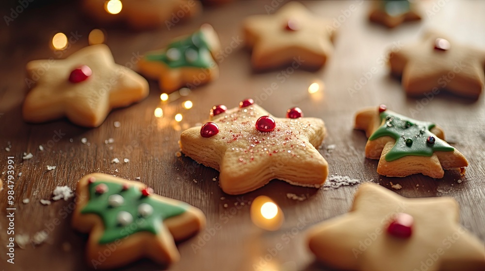 A close-up of festive holiday cookies shaped like Christmas trees, bells, and stars, placed on a wooden table. A close-up of festive holiday cookies shaped like Christmas trees, bells, and stars, placed on a wooden table.