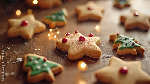 A close-up of festive holiday cookies shaped like Christmas trees, bells, and stars, placed on a wooden table.