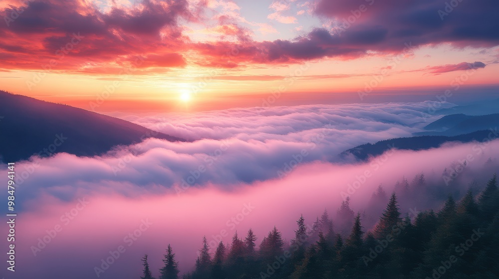 Vibrant sunrise above rolling clouds and forest
Vibrant sunrise above rolling clouds and forest