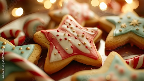 A close-up of holiday cookies shaped like stars and candy canes, decorated with colorful icing and placed on a festive plate.