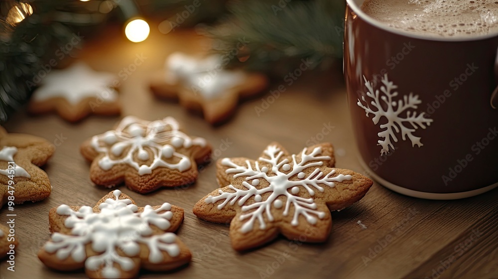A close-up of holiday cookies shaped like snowflakes and bells, arranged on a wooden table beside a mug of hot cocoa. A close-up of holiday cookies shaped like snowflakes and bells, arranged on a wooden table beside a mug of hot cocoa.