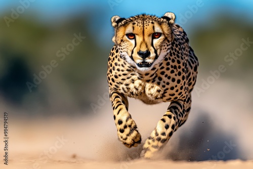 A close-up of a cheetah running at full speed, with its body stretched out and dust flying beneath its paws