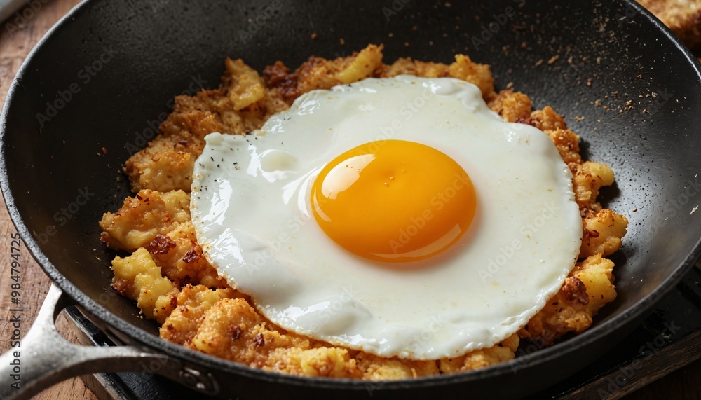 Fried egg on crispy potatoes in a black frying pan.