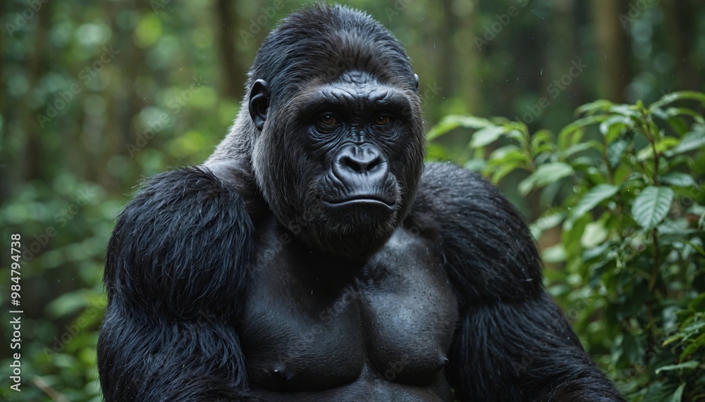 A powerful gorilla sits in a dense jungle, captured in a close-up shot. A powerful gorilla sits in a dense jungle, captured in a close-up shot.