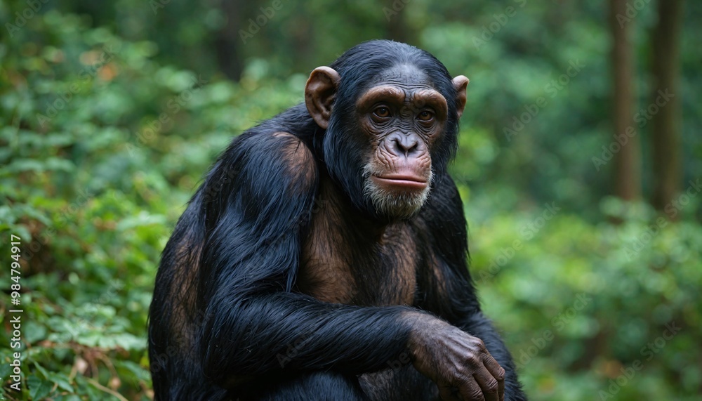 A smarts chimpanzee sits in the forest.Close-up cinematic shot. A smarts chimpanzee sits in the forest.Close-up cinematic shot.