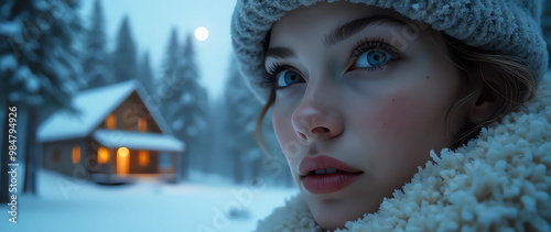 A snowy forest, A lonely cabin in the distance, Moonlight shining through the pine trees, Beautiful detailed eyes, Beautiful detailed lips, Extremely detailed face, Long eyelashes, Winter landscape, S