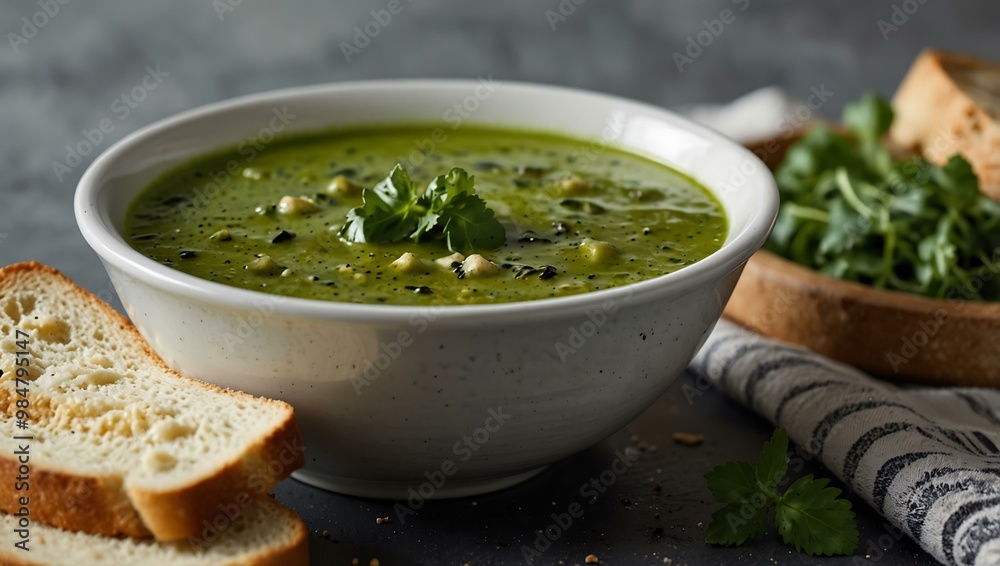 Bowl of green soup with bread and creamy dip. Bowl of green soup with bread and creamy dip.