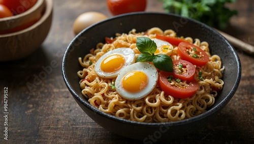 Bowl of instant noodles with eggs and tomatoes.