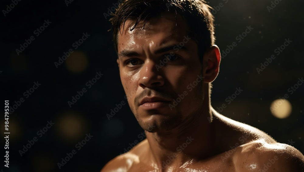 Boxer’s face with sweat and deep shadows under harsh light. Boxer’s face with sweat and deep shadows under harsh light.