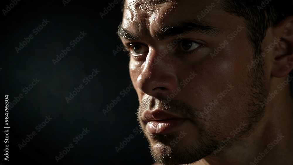 Boxer’s face with sweat and deep shadows under harsh light. Boxer’s face with sweat and deep shadows under harsh light.