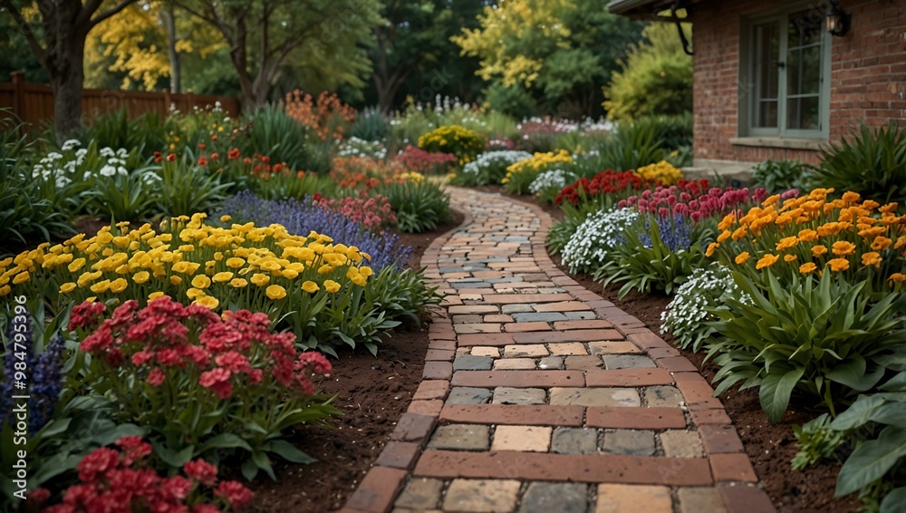Brick pathway winding through a colorful garden. Brick pathway winding through a colorful garden.