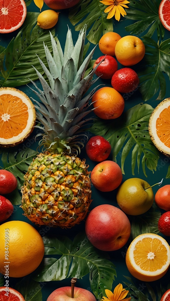 Bright tropical collage of plants and fruits for summer projects Bright tropical collage of plants and fruits for summer projects