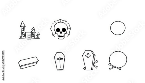 icons halloween. Spooky Outline Icons A collection of Halloween icons drawn in a thin, spooky outline style, including a haunted house, skull, spider web, coffin, crossbones