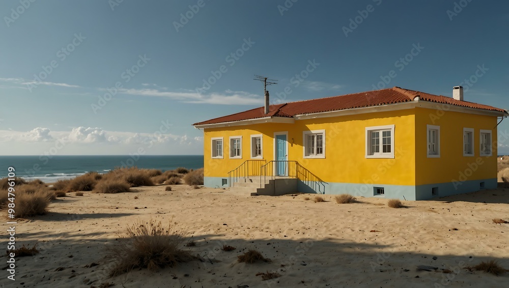 Bright yellow house on sandy terrain against a light blue sky Bright yellow house on sandy terrain against a light blue sky