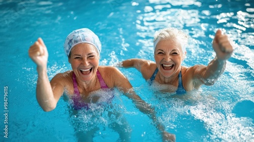 A smiling two woman splash happily in a blue pool on a summer day seniors doing water exercises, Group of elder women at aqua gym session, joyful group of friends having aqua class in swimming