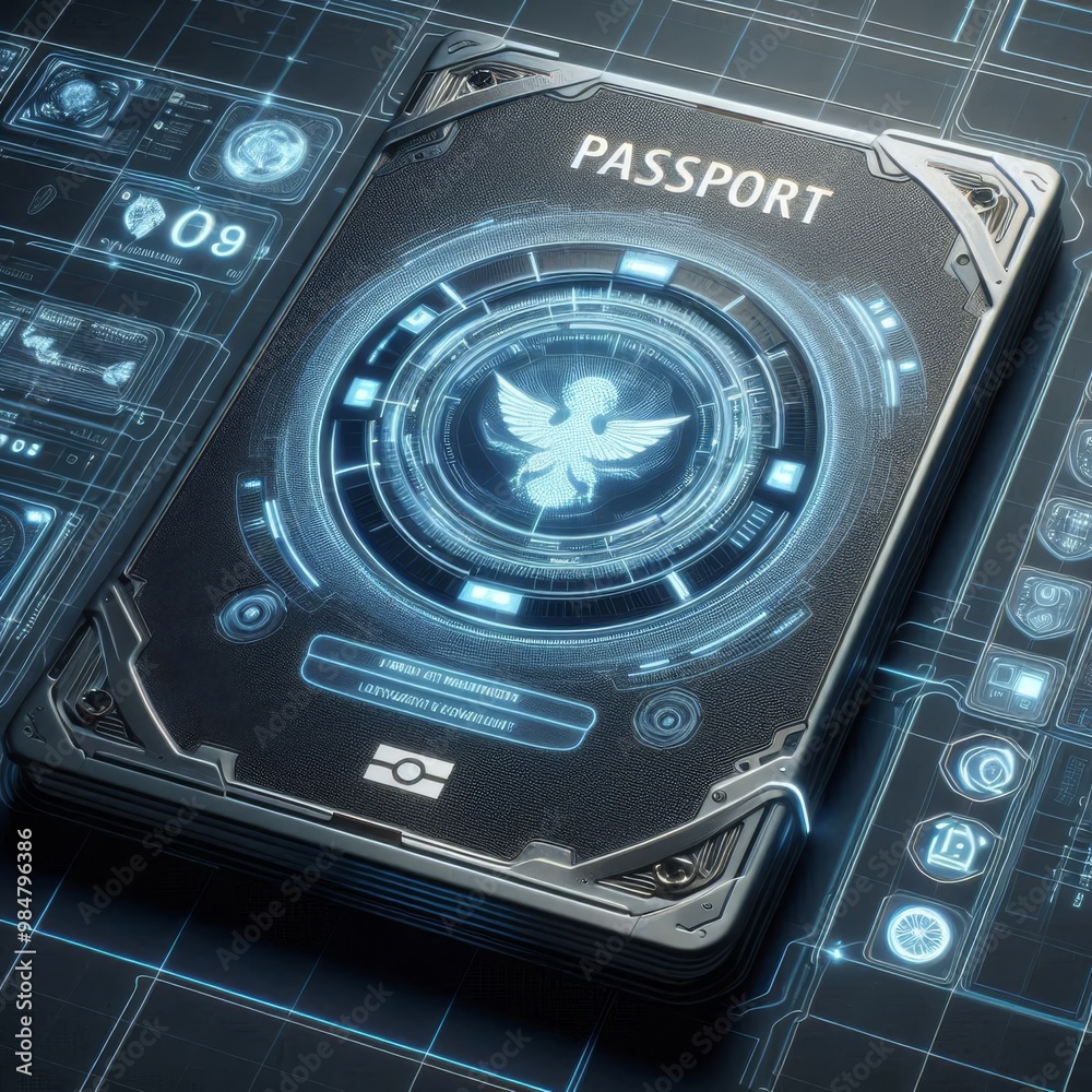 A futuristic passport design with an eagle emblem in the center, displayed within a digital interface. The sleek, high-tech layout and intricate digital background suggest cyber protection and digital A futuristic passport design with an eagle emblem in the center, displayed within a digital interface. The sleek, high-tech layout and intricate digital background suggest cyber protection and digital