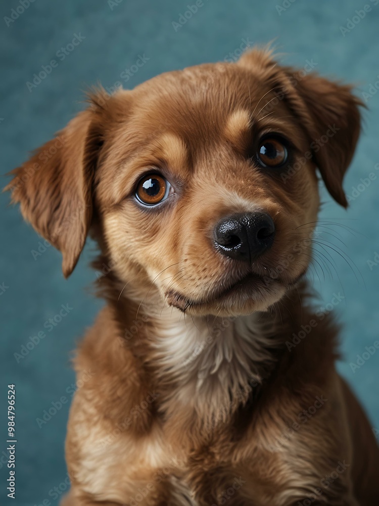 Brown puppy with big brown eyes on a blue background. Brown puppy with big brown eyes on a blue background.