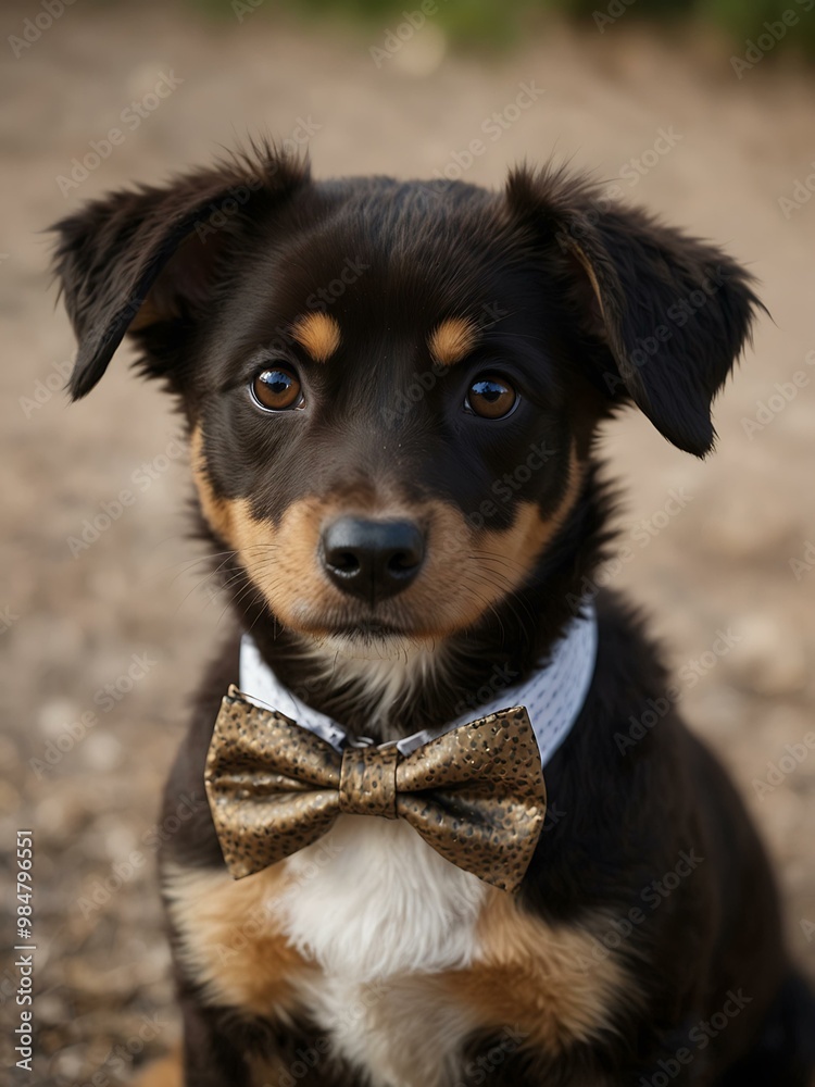 Brown puppy with big brown eyes wearing a bowtie. Brown puppy with big brown eyes wearing a bowtie.