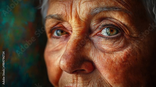 In an expressive portrait capturing her life experiences and life stories, an elderly woman's expressive face reveals deep wrinkles and wise eyes