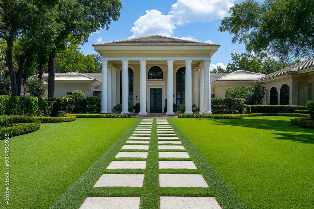 Fototapeta premium A colonial-style house, with white pillars, symmetrical windows, and a well-maintained front garden