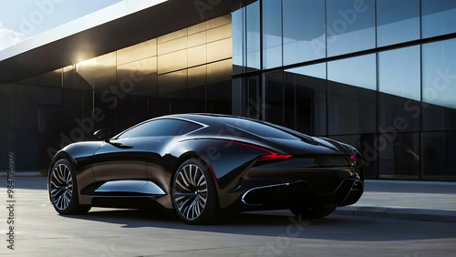 A black sports car parked in front of a modern building with large glass windows. The car has a low profile and aerodynamic design, with the taillights and a portion of the body visible.