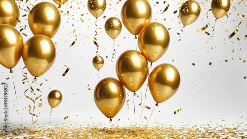 A festive display of golden balloons and confetti, perfect for celebrations and parties. photo