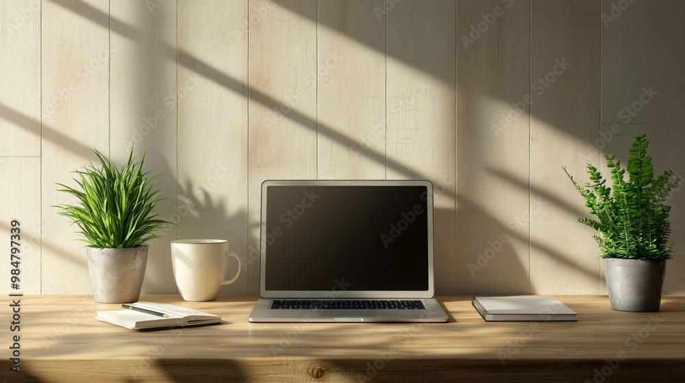 A minimalist home office setup with a laptop, cup of coffee, and small potted plants on a wooden desk, illuminated by soft sunlight filtering through the window, creating a serene workspace A minimalist home office setup with a laptop, cup of coffee, and small potted plants on a wooden desk, illuminated by soft sunlight filtering through the window, creating a serene workspace