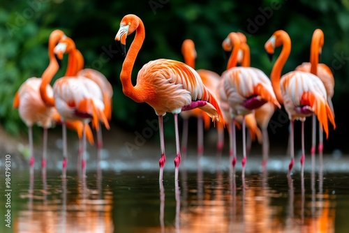 A flock of flamingos standing in shallow water, with their vibrant pink feathers reflected in the water below