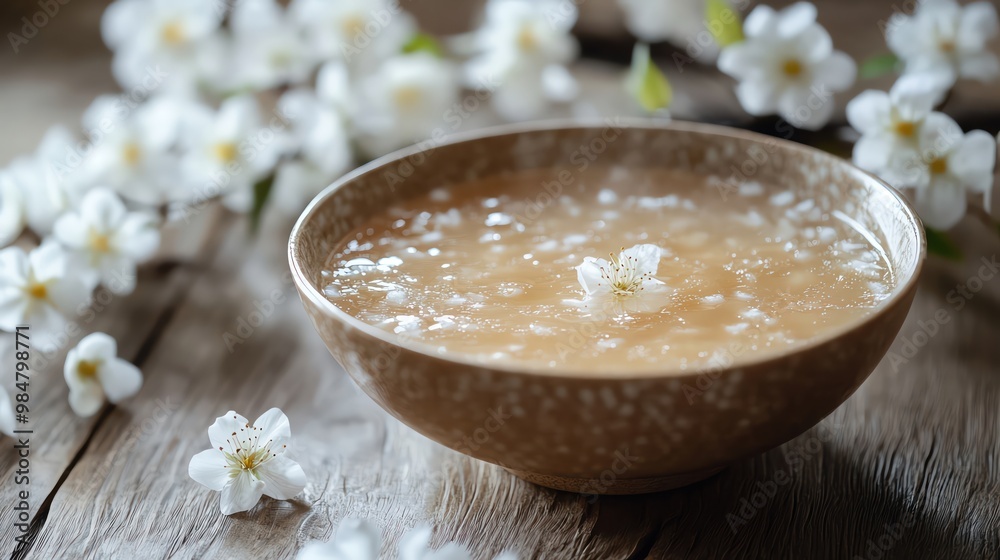 A delicate bowl of birds nest soup, elegantly presented with blooming white flowers in the background A delicate bowl of birds nest soup, elegantly presented with blooming white flowers in the background
