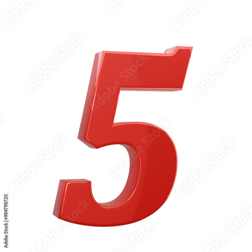 A bold isolated on transparency PNG background, red 3D number five with reflection; ideal for use in countdowns, rankings, or educational materials,