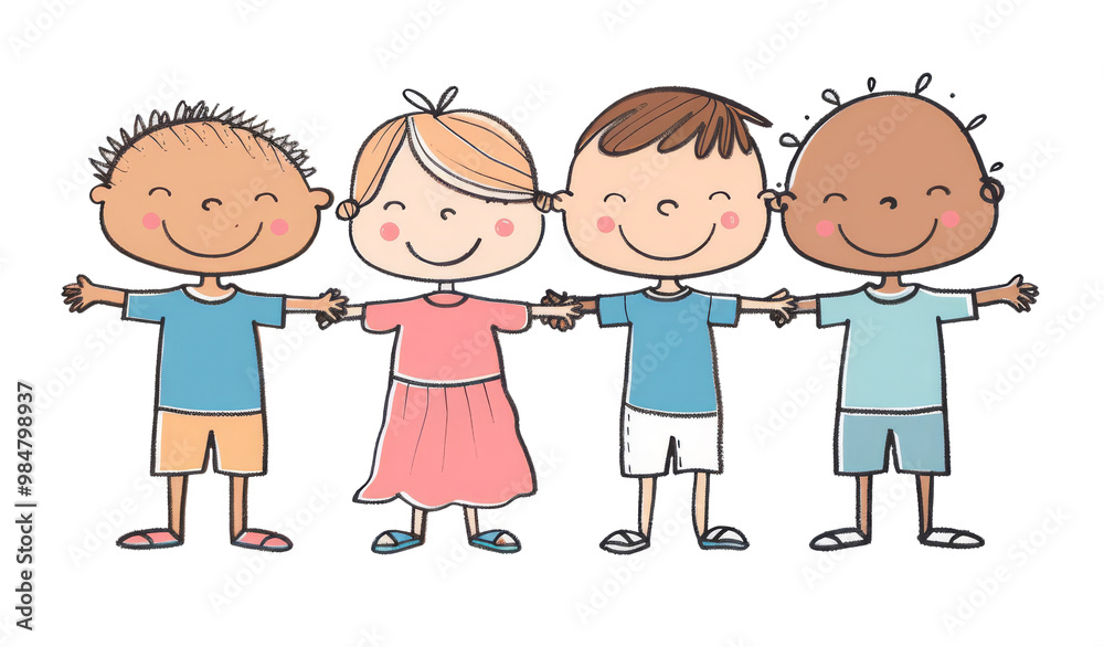 Color drawing of ethnically diverse children shaking hands. Concept of diversity and inclusion Color drawing of ethnically diverse children shaking hands. Concept of diversity and inclusion