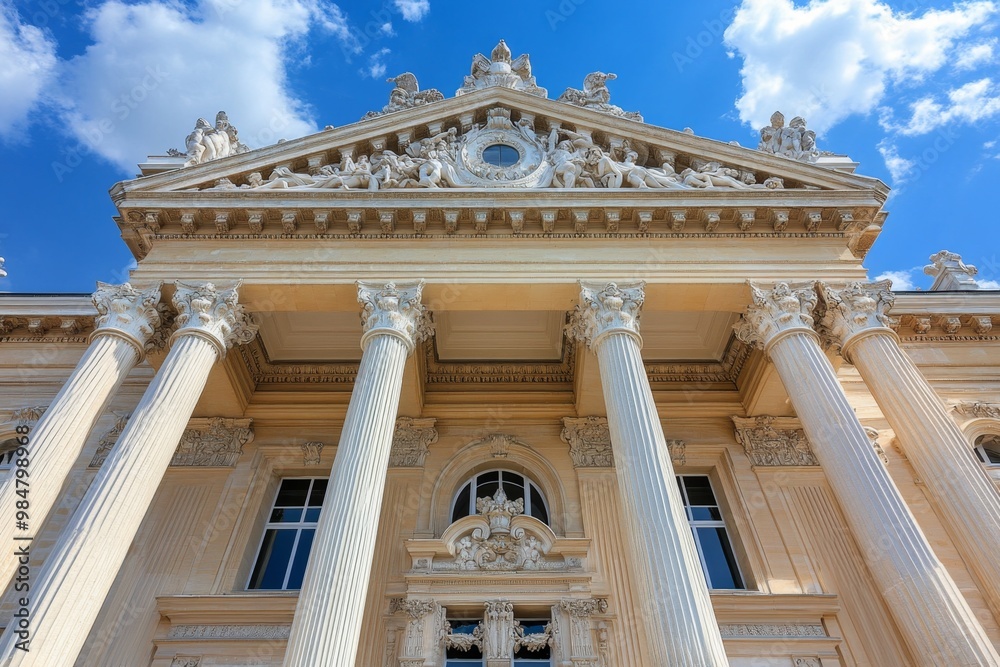 A grand palace with classical architecture, featuring tall columns, arches, and ornate detailing A grand palace with classical architecture, featuring tall columns, arches, and ornate detailing