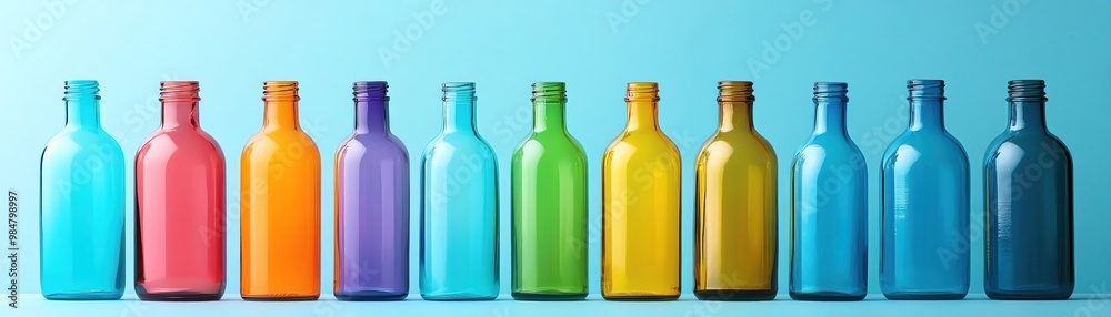 A row of colorful glass bottles against a blue background, showcasing different vibrant hues