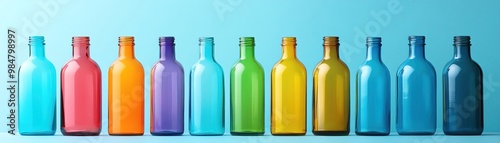 A row of colorful glass bottles against a blue background, showcasing different vibrant hues photo