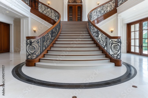 A grand staircase in a historic mansion, with a wrought-iron railing and rich wood detailing photo