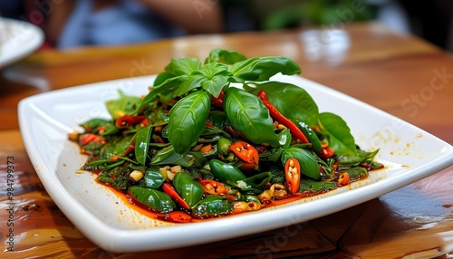 Vibrant plate of spicy stir-fried basil, Phut Kra Pao, showcasing Thailands delicious street food culture photo