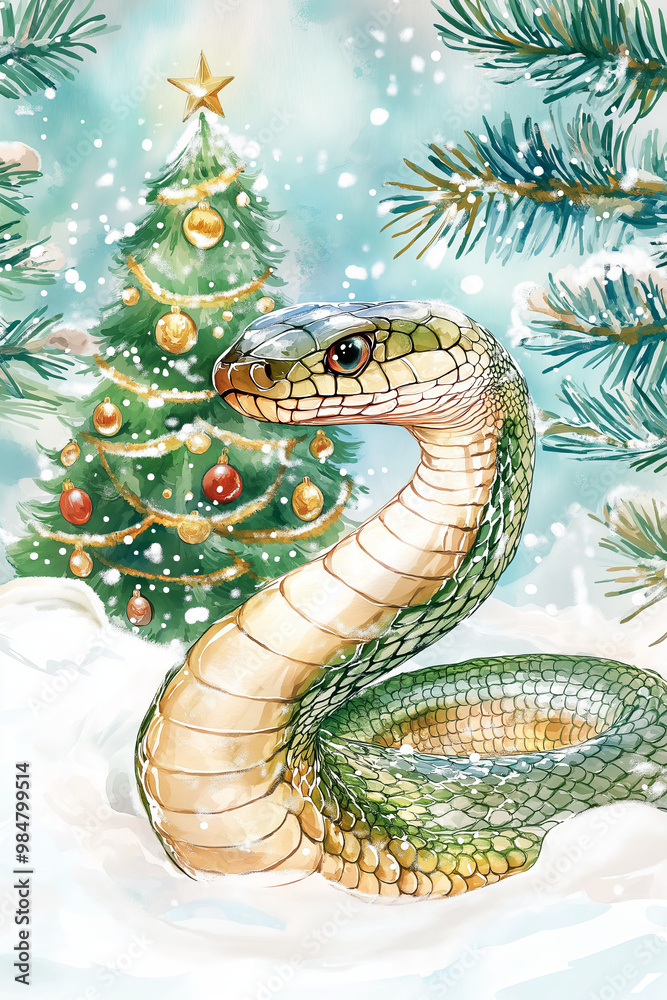 Fototapeta premium Watercolor Snake in Snow with Christmas Tree, Festive Holiday Illustration with Snowy Branches and Copy Space 