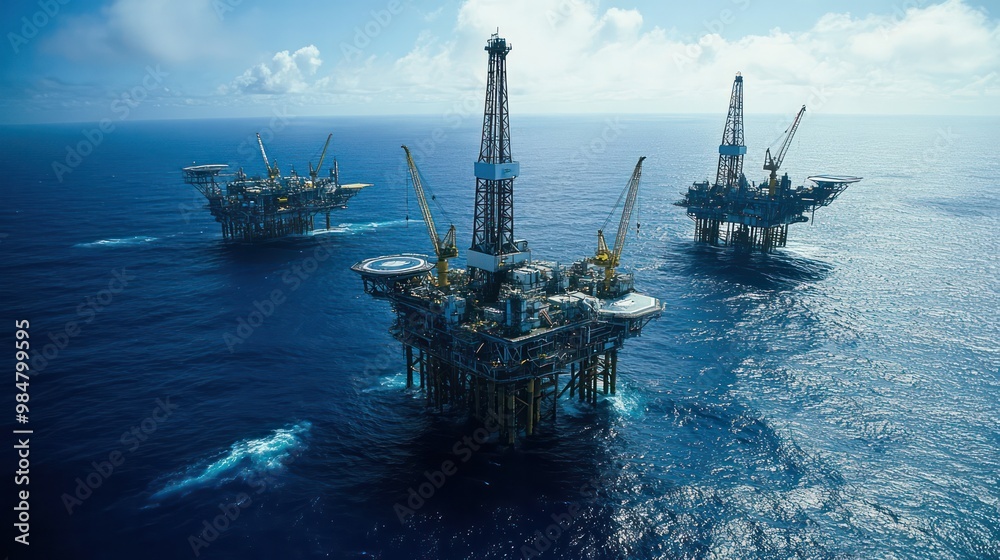 Offshore drilling platforms in the middle of the ocean, showing large-scale operations Offshore drilling platforms in the middle of the ocean, showing large-scale operations