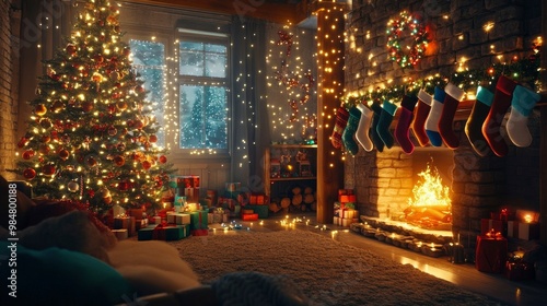 A cozy family room with a decorated Christmas tree, colorful stockings hung by the fire, and glowing fairy lights everywhere.