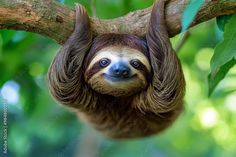 Obraz premium A lazy sloth hanging from a tree branch, with a relaxed expression and slow, deliberate movements